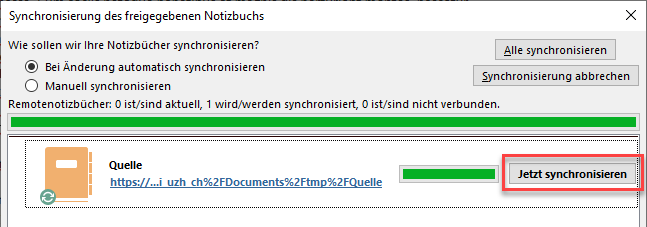 Synchronisationsstatus und Möglichkeit, die Synchronisation erneut zu starten.