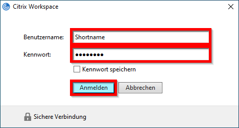 Eingabe von Benutzername und Passwort