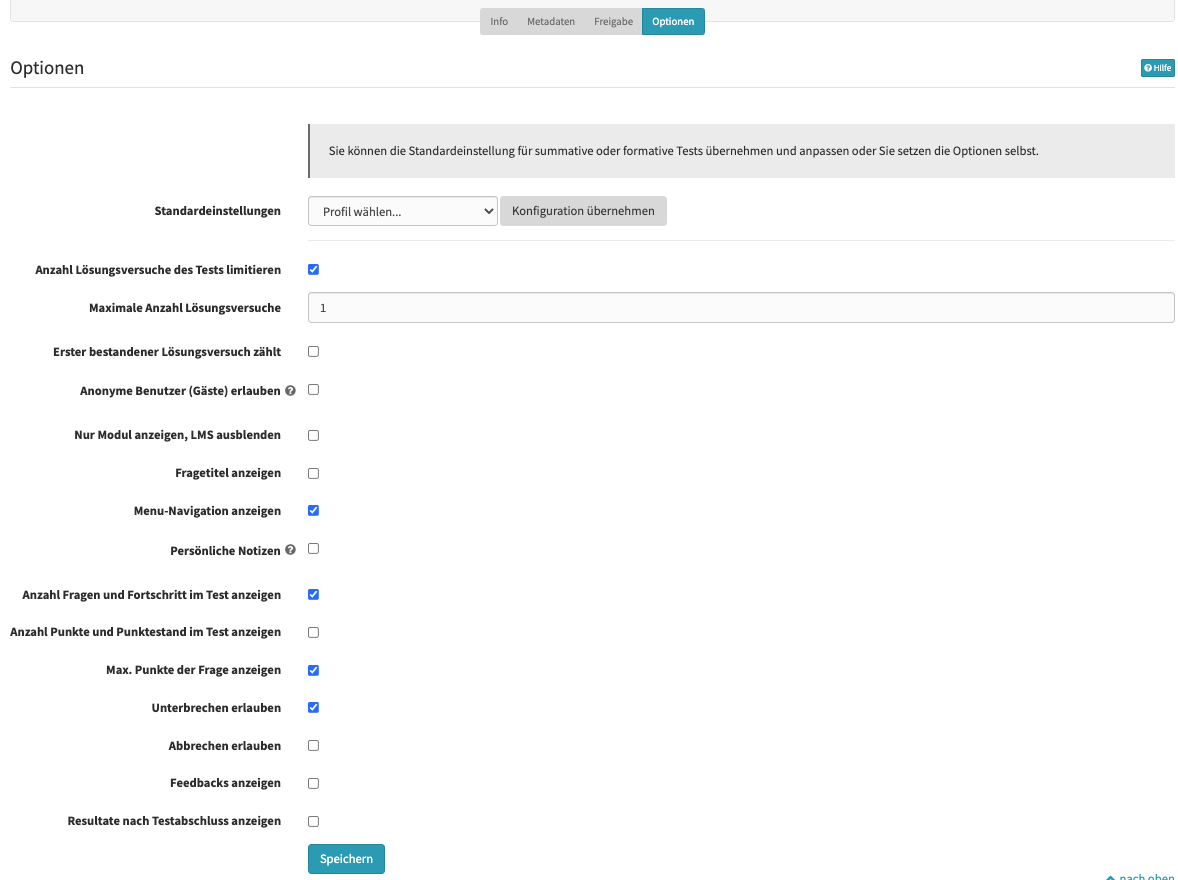 Default-Einstellungen Prüfung