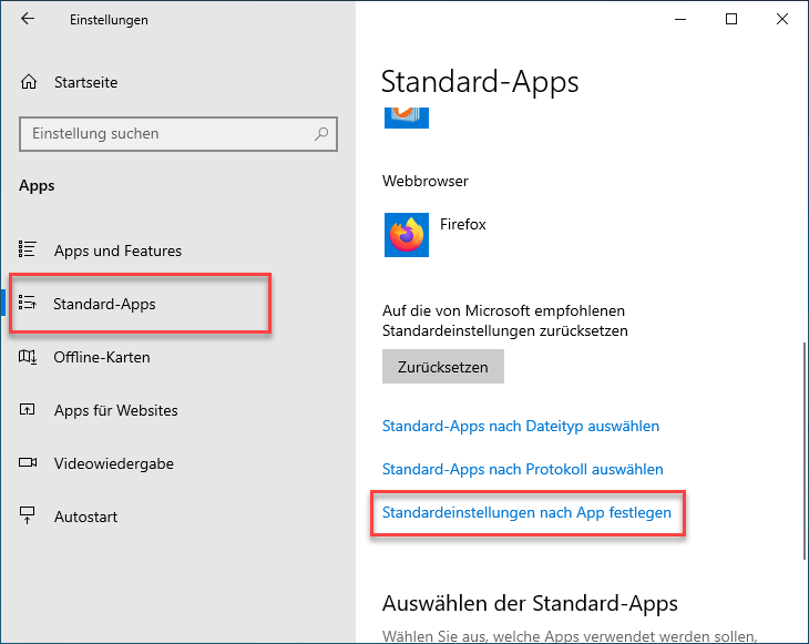 Scrollen Sie im Abschnitt Standard-Apps ganz nach unten und wählen Sie "Standardeinstellungen nach App festlegen"