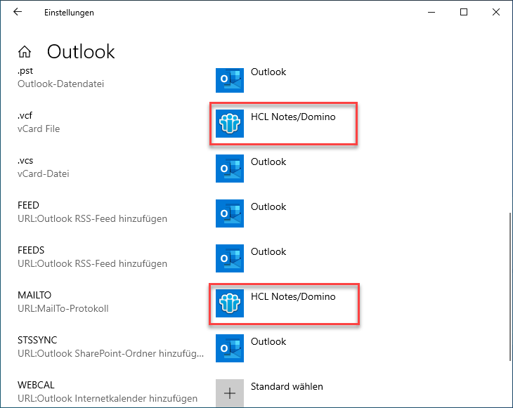 Ändern Sie alle Einträge, die nicht "Outlook" lauten, zu "Outlook"