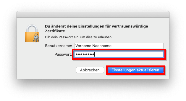 Passworteingabe zur Konfiguration der Zertifikats-Vertrauensstellung
