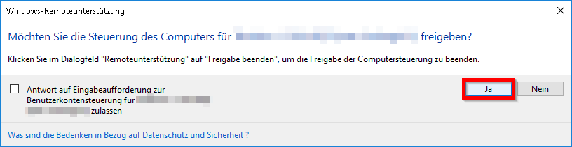 Nachfrage beim Benutzer, ob die Remote Maus- und Tastatursteuerung erlaubt werden darf.