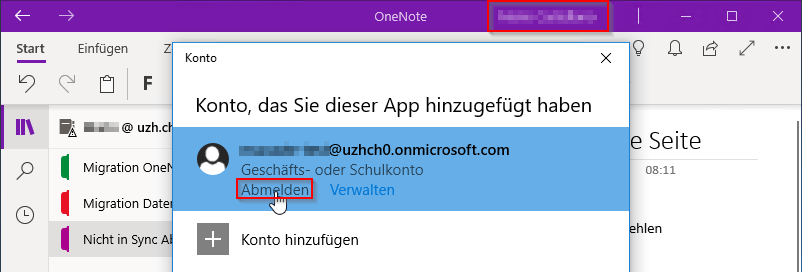 Melden Sie sich innerhalb der OneNote-App ab