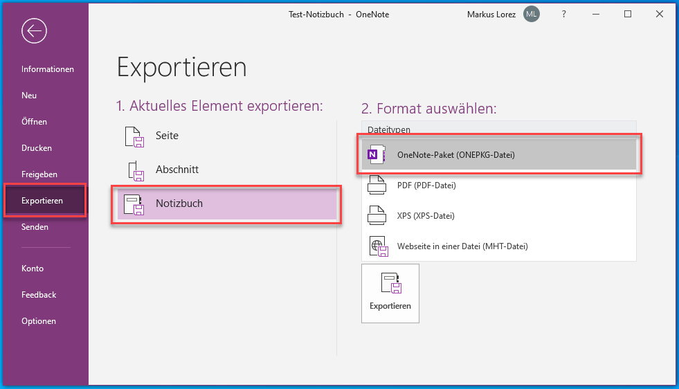 Export des Notizbuchs in eine ONEPKG-Datei