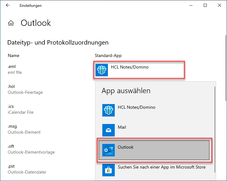 Ändern Sie unpassende Einträge durch Klick darauf und auswählen von "Outlook"