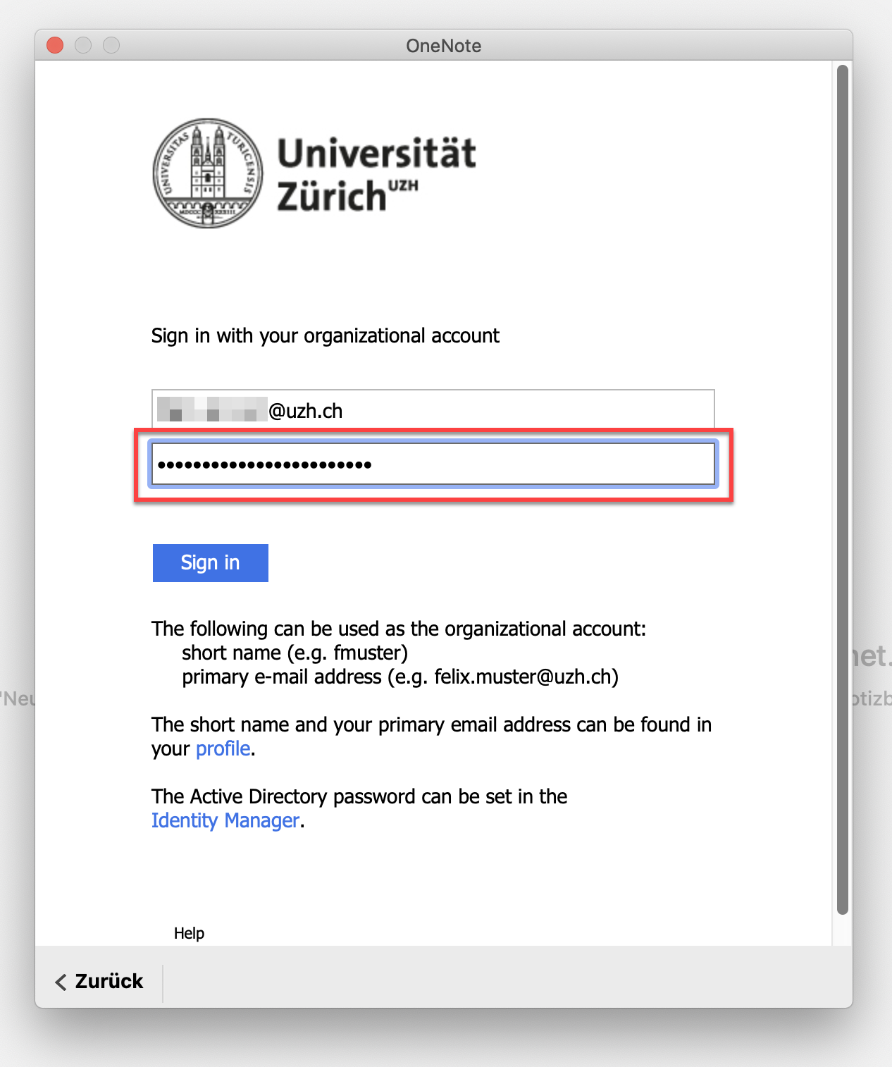 In der UZH-Maske geben Sie Ihr Passwort ein.