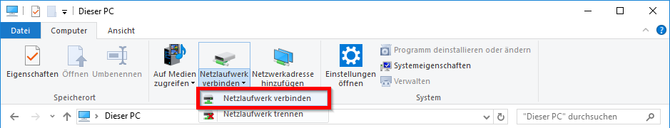 Explorer-Fenster mit eingeblendetem Menü Netzlaufwerk verbinden