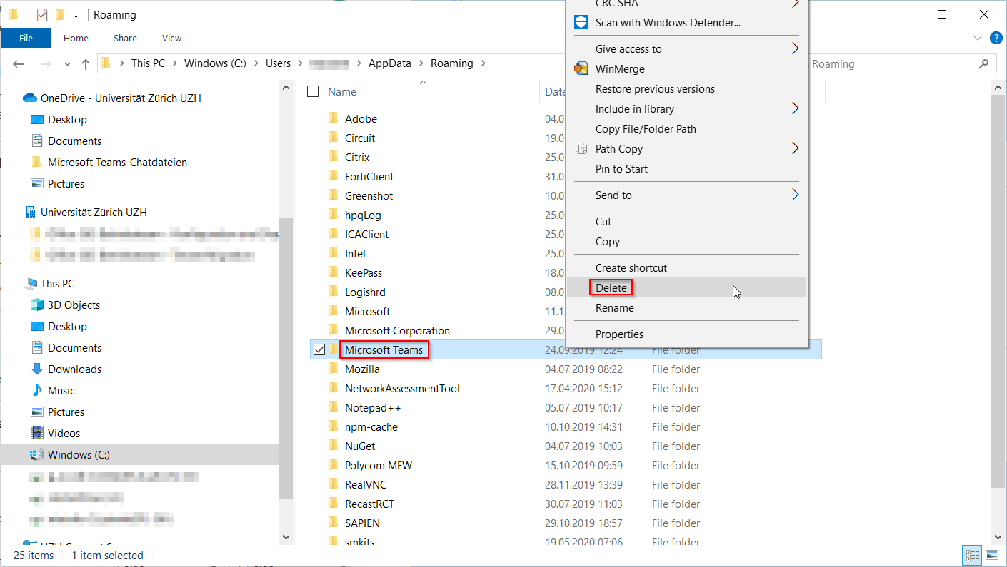Löschen Sie den Ordner "Microsoft Teams"