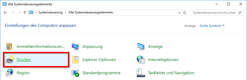 Systemsteuerungsfenster mit dem Drucker-Icon