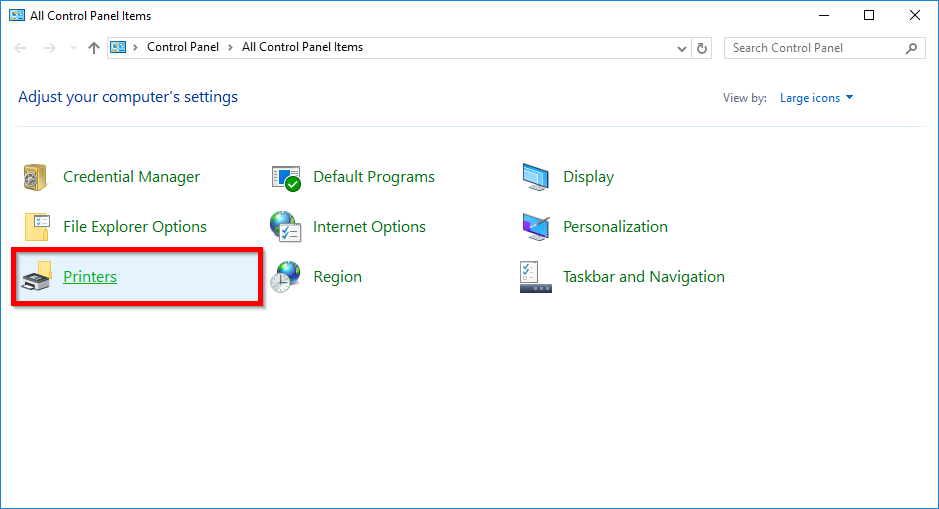 Control Panel window with Printers icon