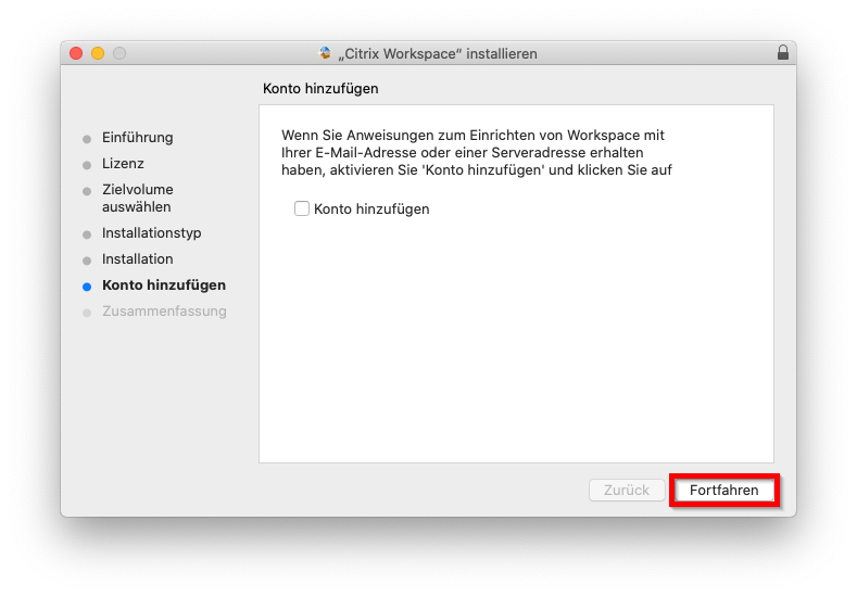 Fortfahren ohne ein Konto hinzuzufügen