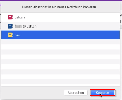 Wählen Sie das neue Notizbuch als Ziel