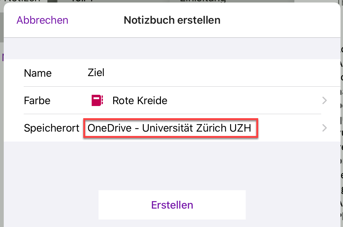 Benennen Sie Ihr neues Notizbuch und wählen Sie Ihr neues OneDrive als Speicherort